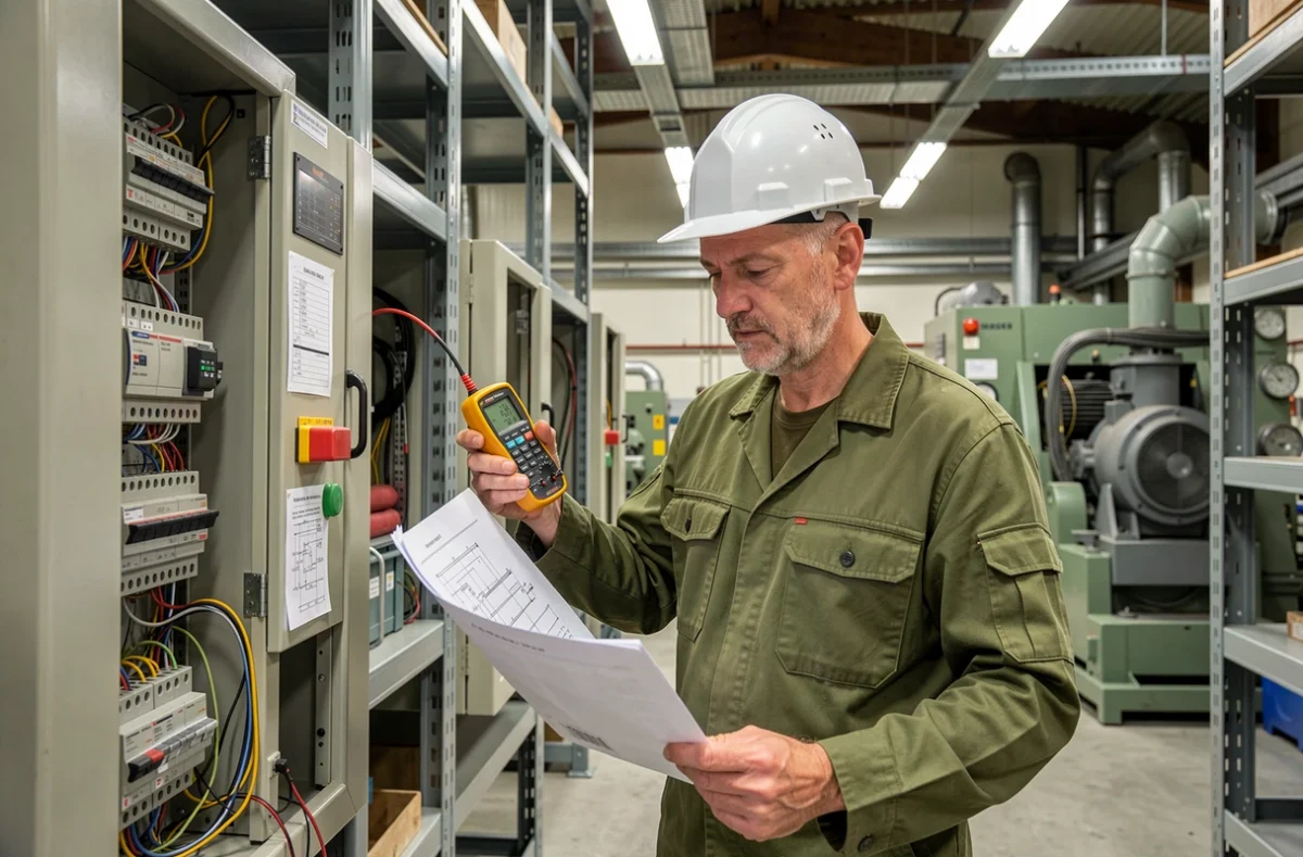 Électricien A PROST ELECTRO TECHNIQUE contrôlant une armoire électrique industrielle dans la Loire