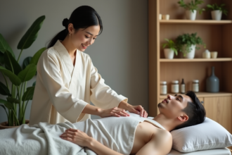 Praticienne en acupuncture avec un jeune homme détendu dans une clinique moderne