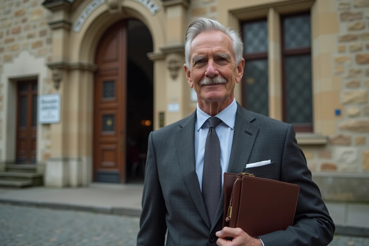 Adjoint au maire en costume gris devant la façade d'une mairie française en pierre
