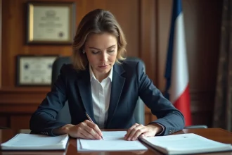 Adjointe au maire en blazer marine travaillant sur des documents officiels dans un bureau municipal français