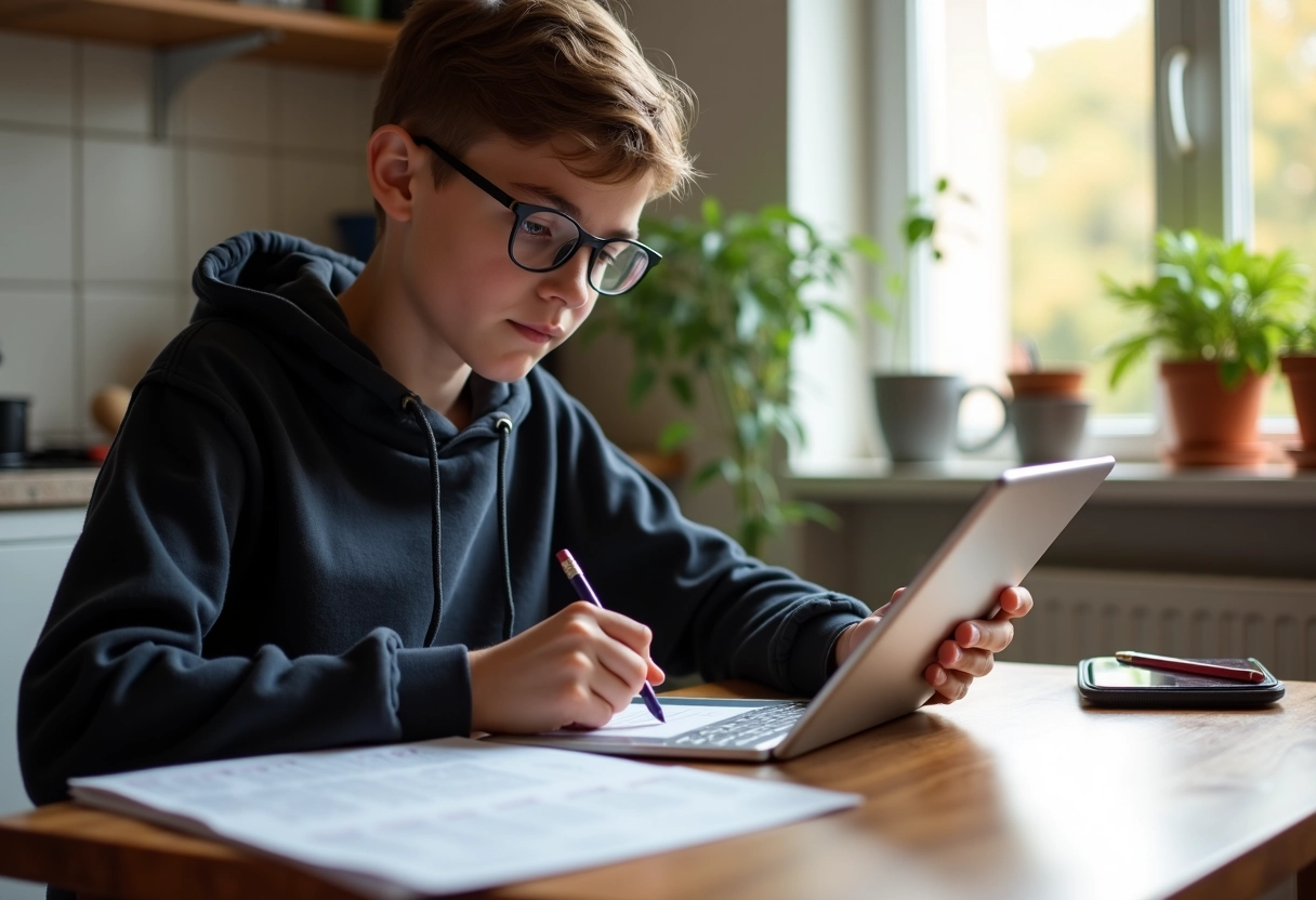 Adolescent consulte une tablette avec la liste des étoiles dans la cuisine