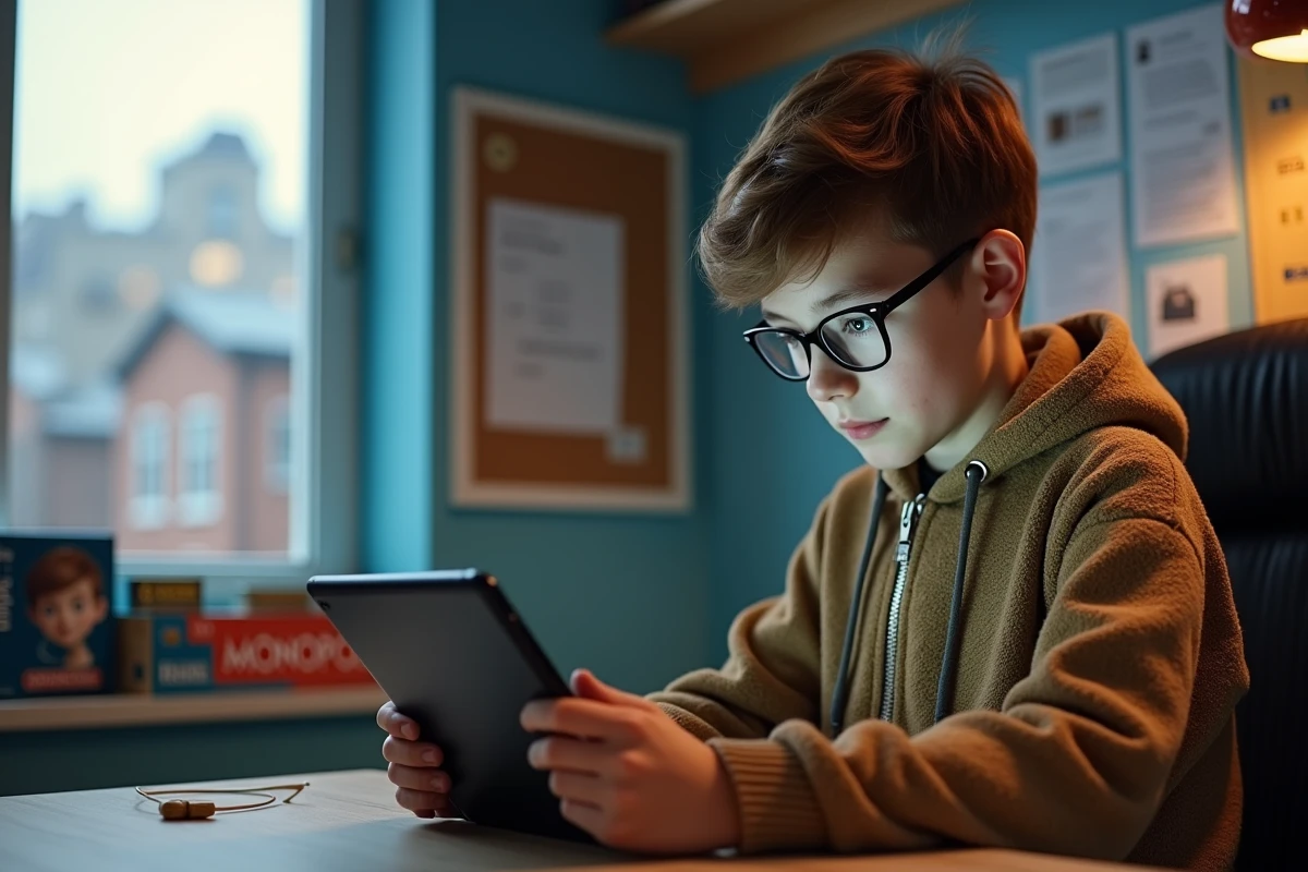 Adolescent regardant une tablette dans sa chambre