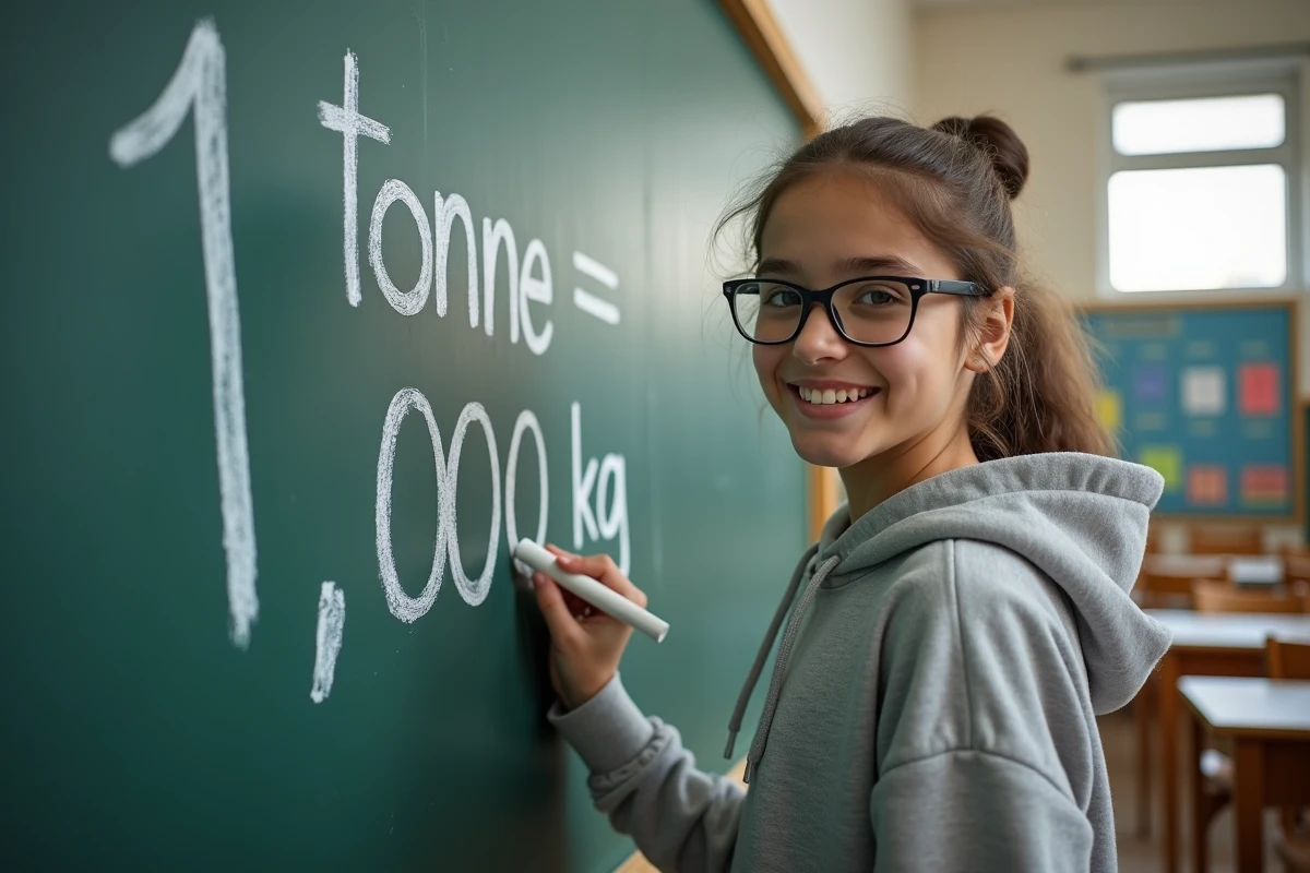 Adolescente écrivant la conversion tonne kilogramme au tableau