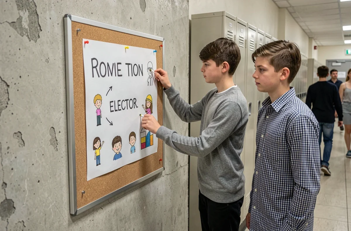 Deux collégiens affichant leur programme de délégué de classe sur un tableau d'affichage dans un couloir scolaire
