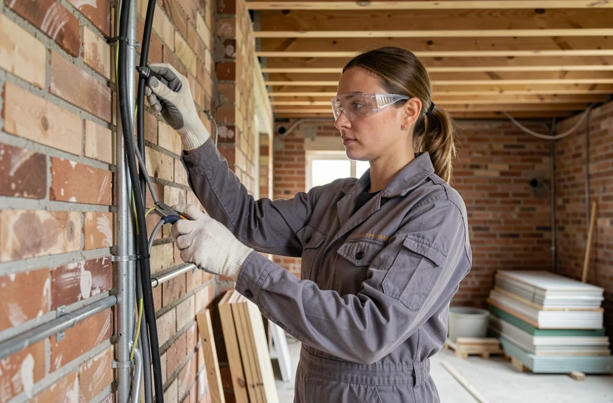 Électricienne ALEX'ELEC posant des câbles dans une maison en rénovation à Pradines