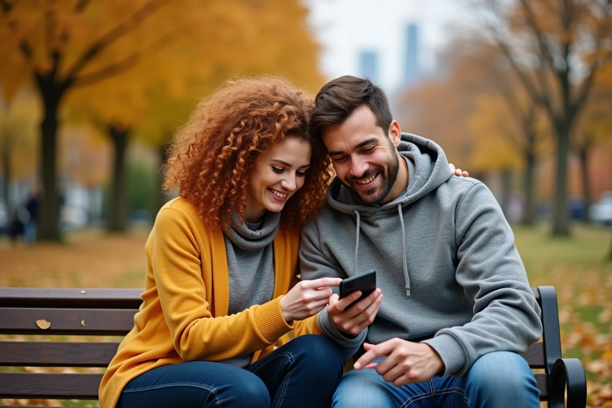 Deux amis qui consultent ensemble des expressions courtes de remerciement en espagnol sur un smartphone dans un parc en automne