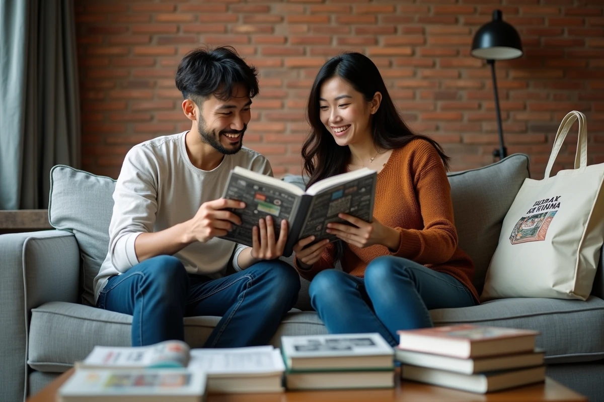 Deux amis passionnés de manga assis sur un canapé comparant des volumes et discutant de leurs lectures favorites