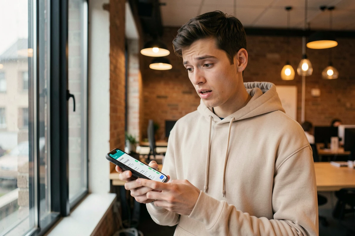Jeune adulte consultant une liste d'appels manqués avec un numéro international +44 dans un espace de coworking moderne