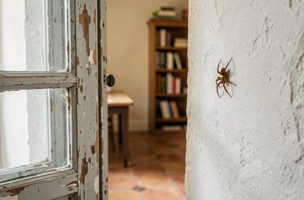Araignée domestique posée sur le mur blanc d'une vieille maison de campagne française