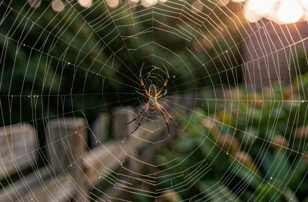 Araignée du soir au centre de sa toile couverte de rosée dans un jardin