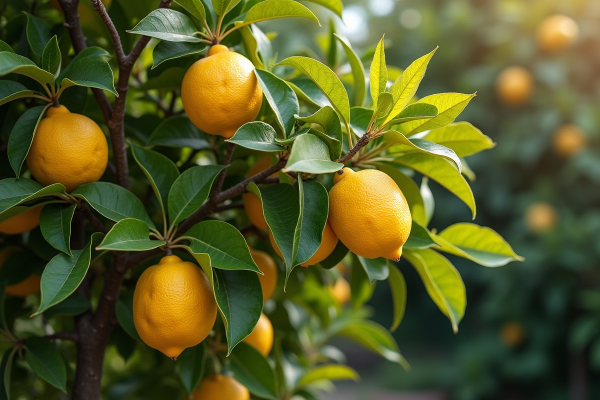 Arbre de citron dans un jardin ensoleille avec feuilles fanées