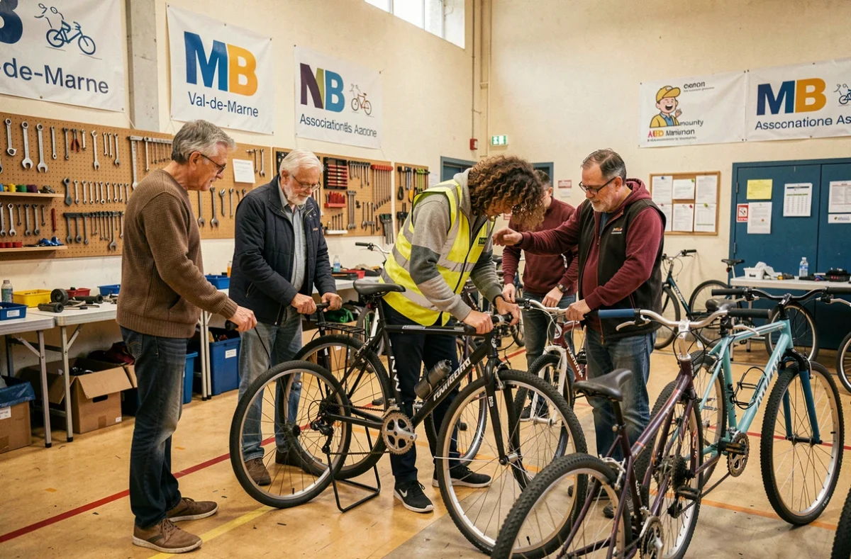 Atelier participatif de réparation vélo des MDB Val-de-Marne avec bénévoles et participants autour de bicyclettes