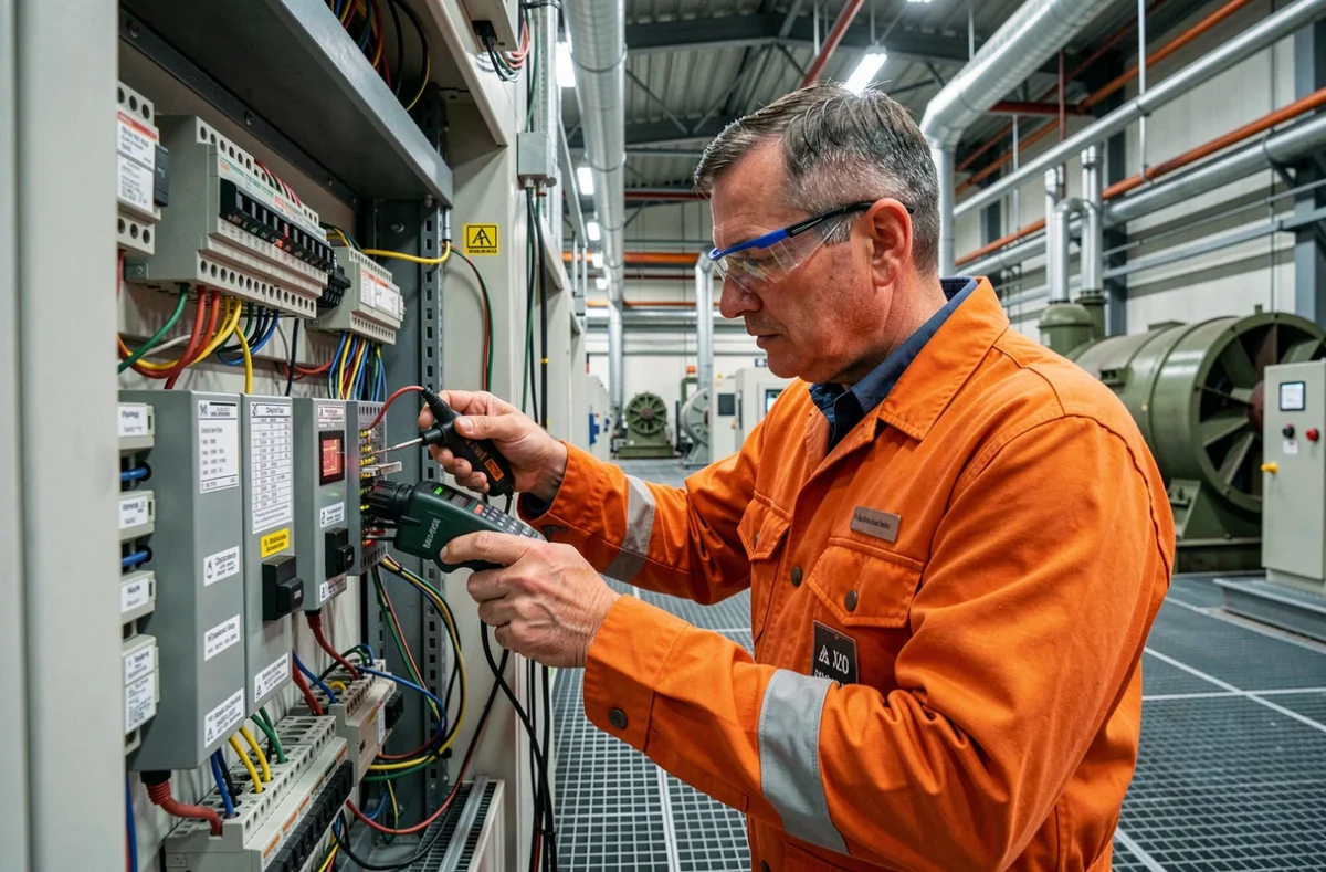 Électricien AUTOM'ELEC INDUSTRIE travaillant sur un tableau de commande automatisé dans une usine de la Loire