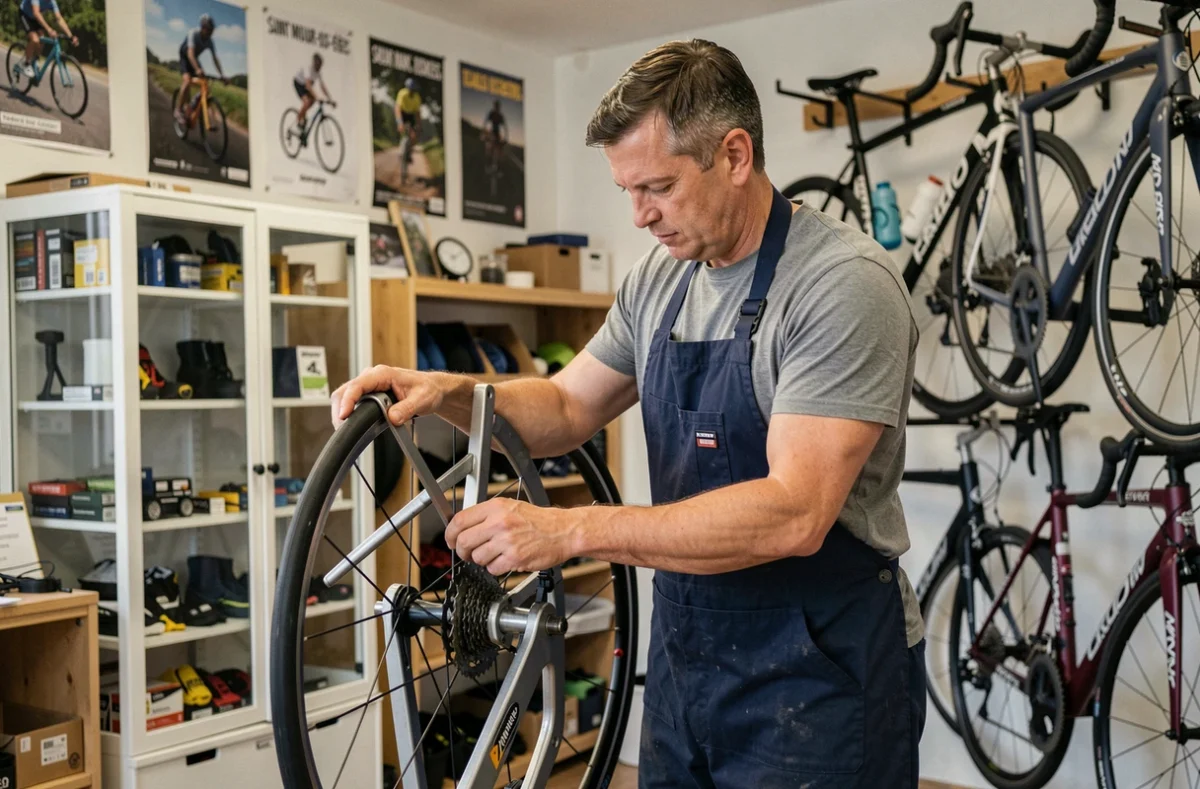 Mécanicien d'Autour du Cycle à Saint-Maur-des-Fossés centrant une roue sur un montage de truing