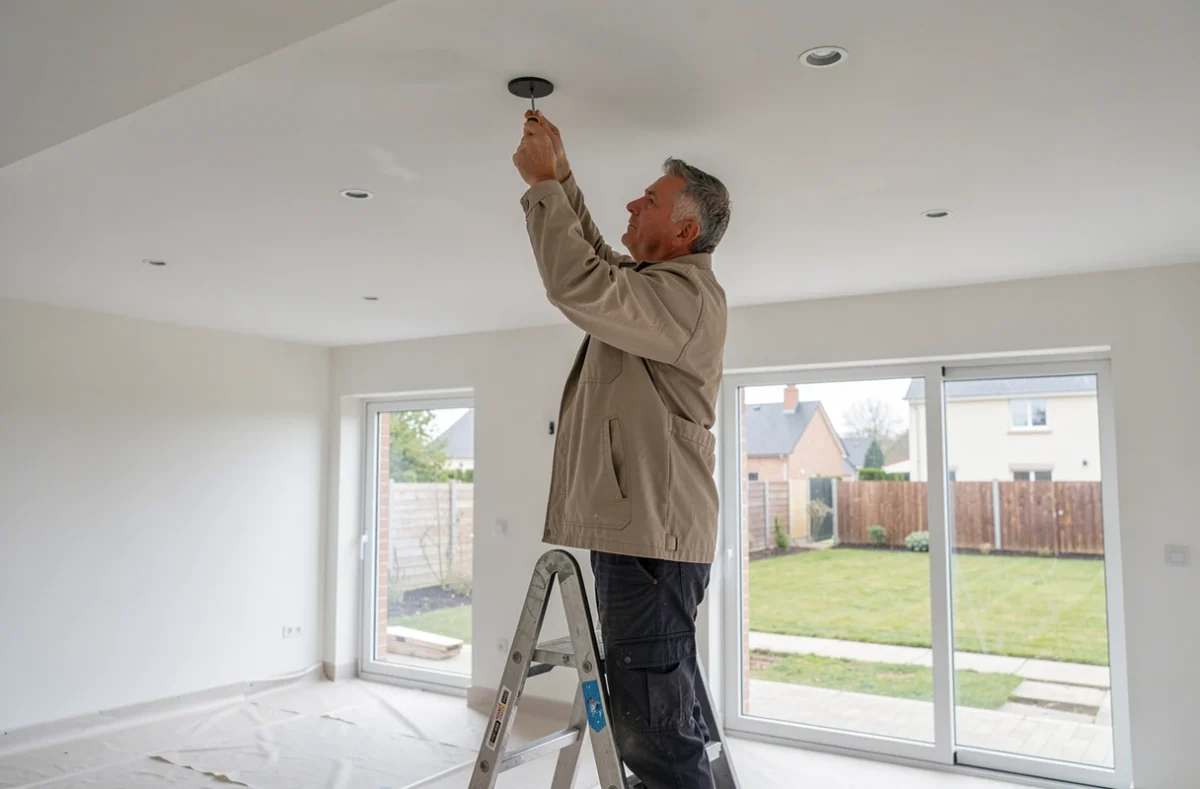 Électricien BEAUVOIR installant des spots encastrés dans une maison neuve dans la Loire