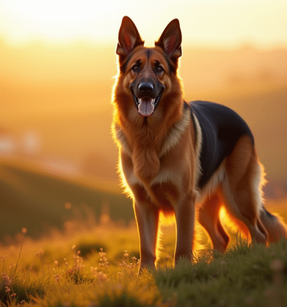 Chien berger allemand majestueux en plein champ ensoleille