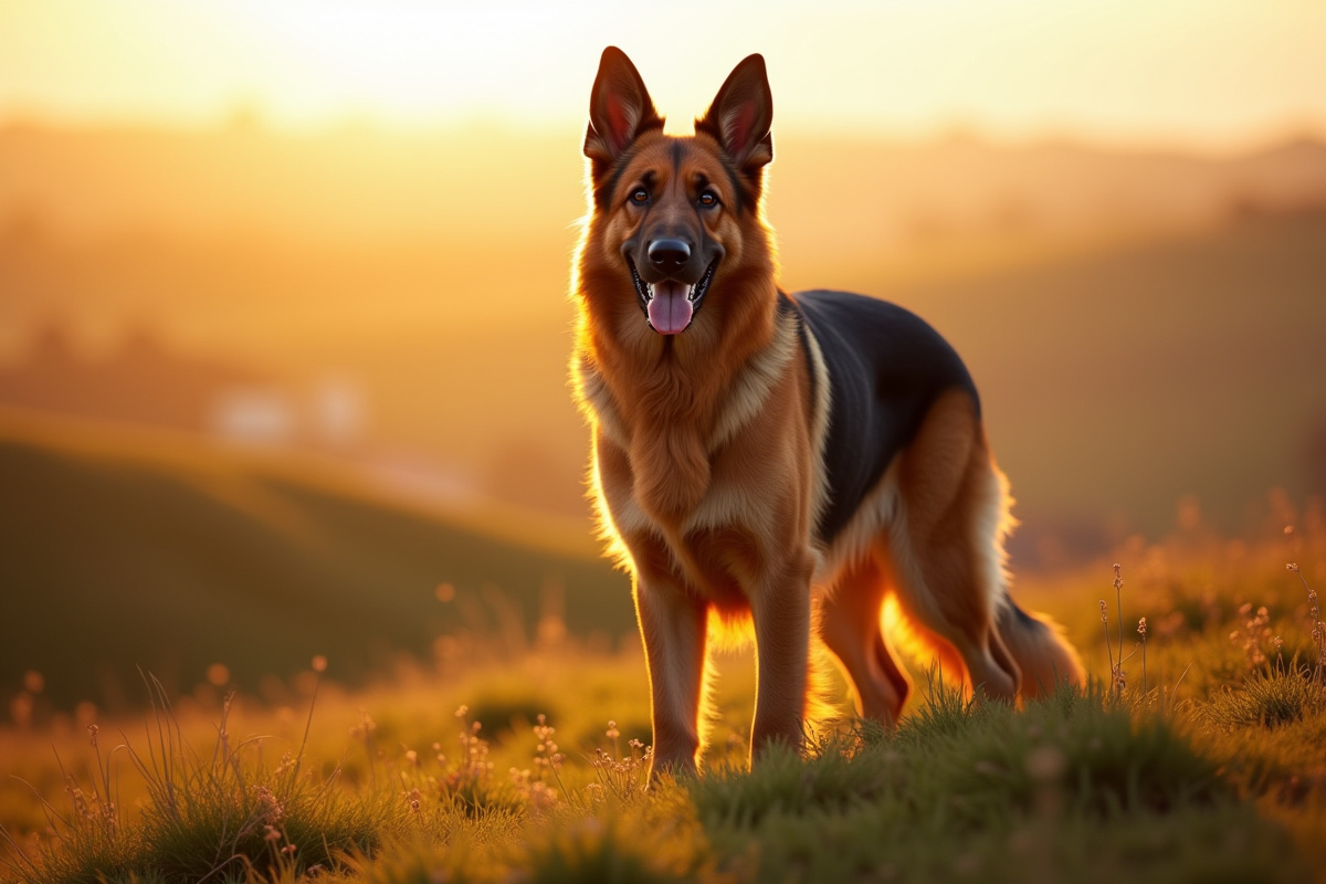 Chien berger allemand majestueux en plein champ ensoleille