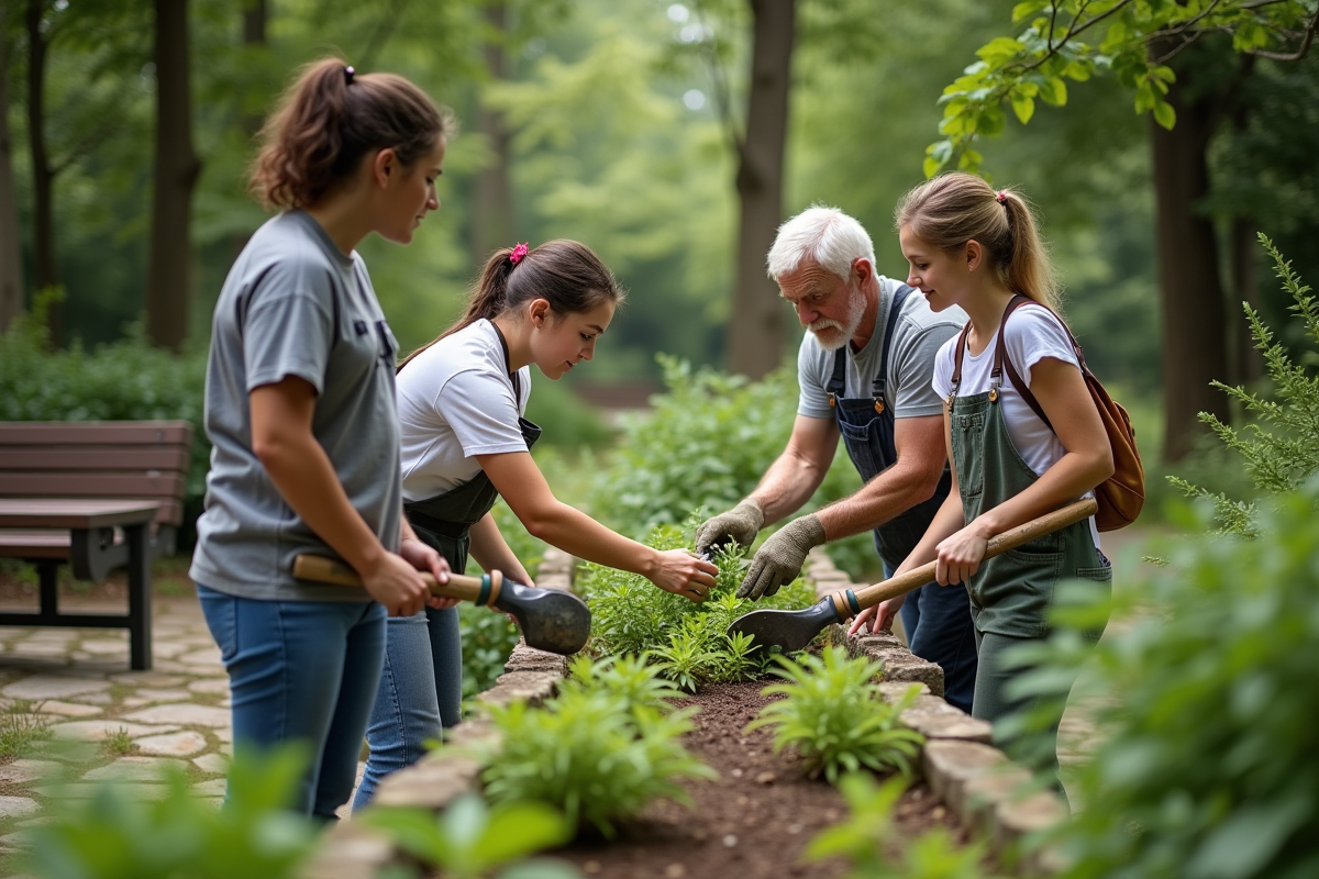 Jeunes et seniors bénévoles dans un jardin public en ville