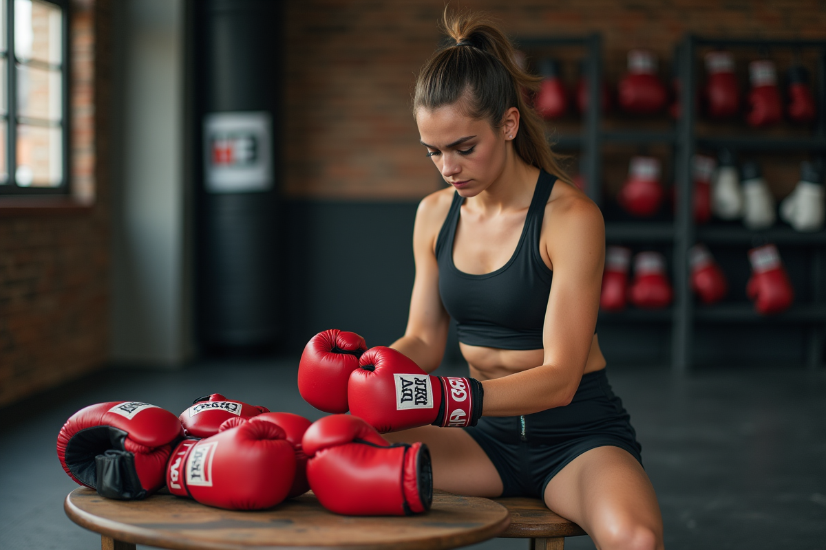 Jeune boxeuse choisissant ses gants dans un gymnase moderne