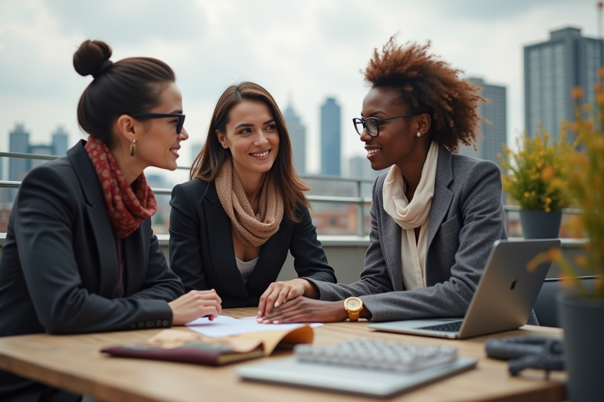 Groupe de trois professionnels de la mode en brainstorming urbain
