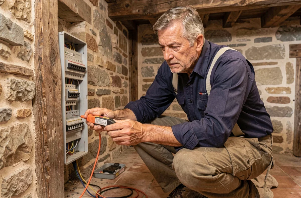 Électricien BREAT JEAN YVES testant un boîtier de fusibles dans la cave d'une maison ancienne dans la Loire