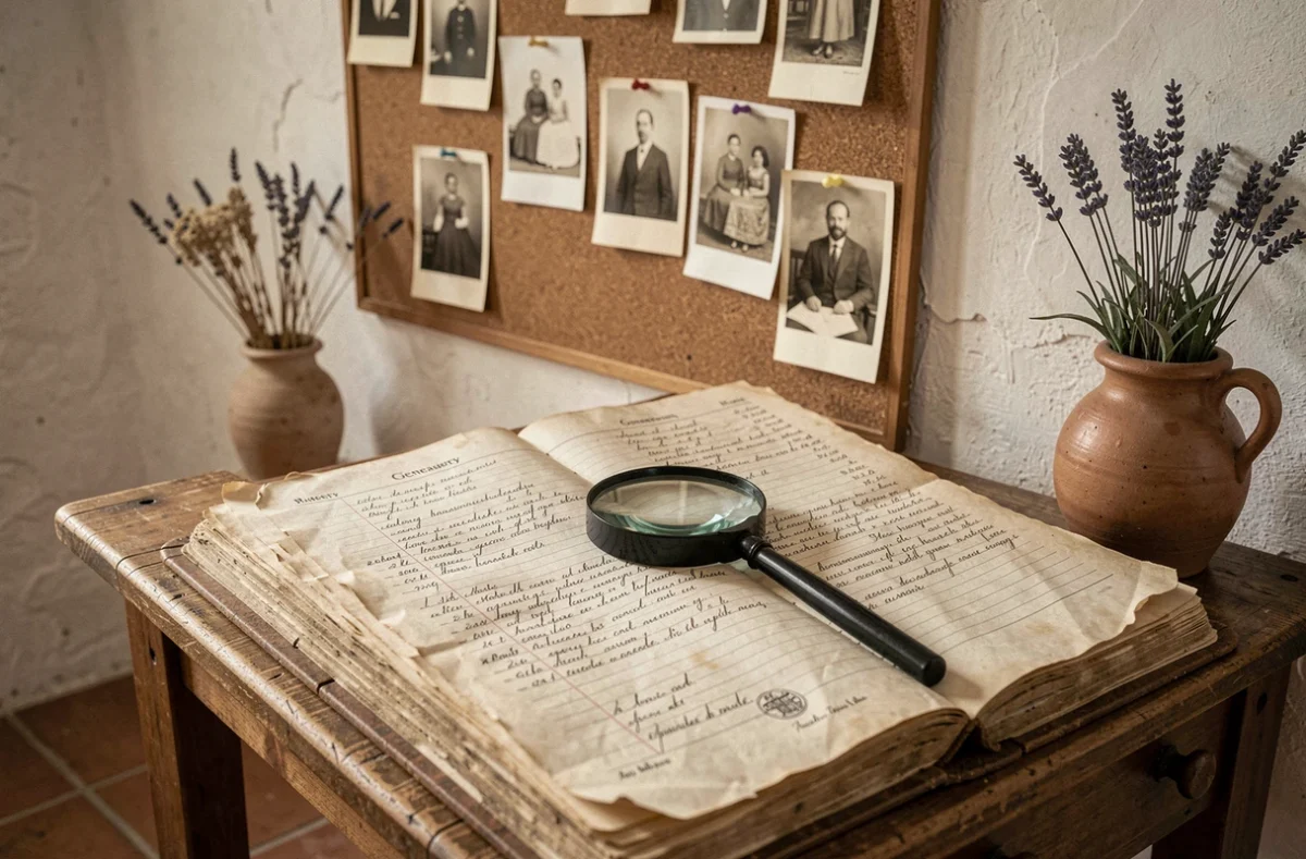 Bureau de recherche généalogique avec registre ancien, photos de famille et loupe dans une maison catalane traditionnelle