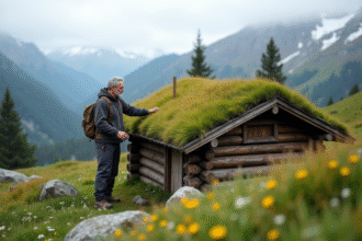 Homme norvegien en pull vert tending une cabane en toit de gazon
