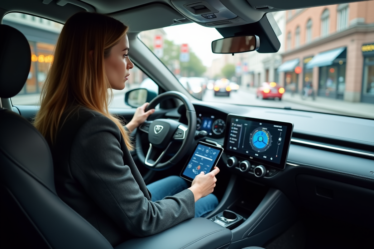 Jeune femme utilisant un tableau de bord dans une voiture autonome