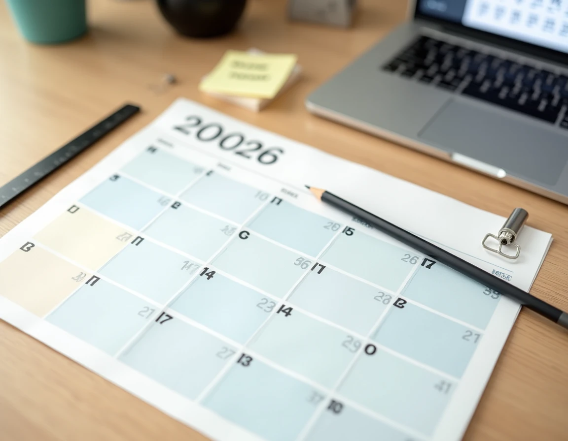 Vue à plat d'un calendrier 2026 imprimé avec numéros de semaines paires et impaires sur un bureau en bois avec ordinateur portable Google Calendar ouvert