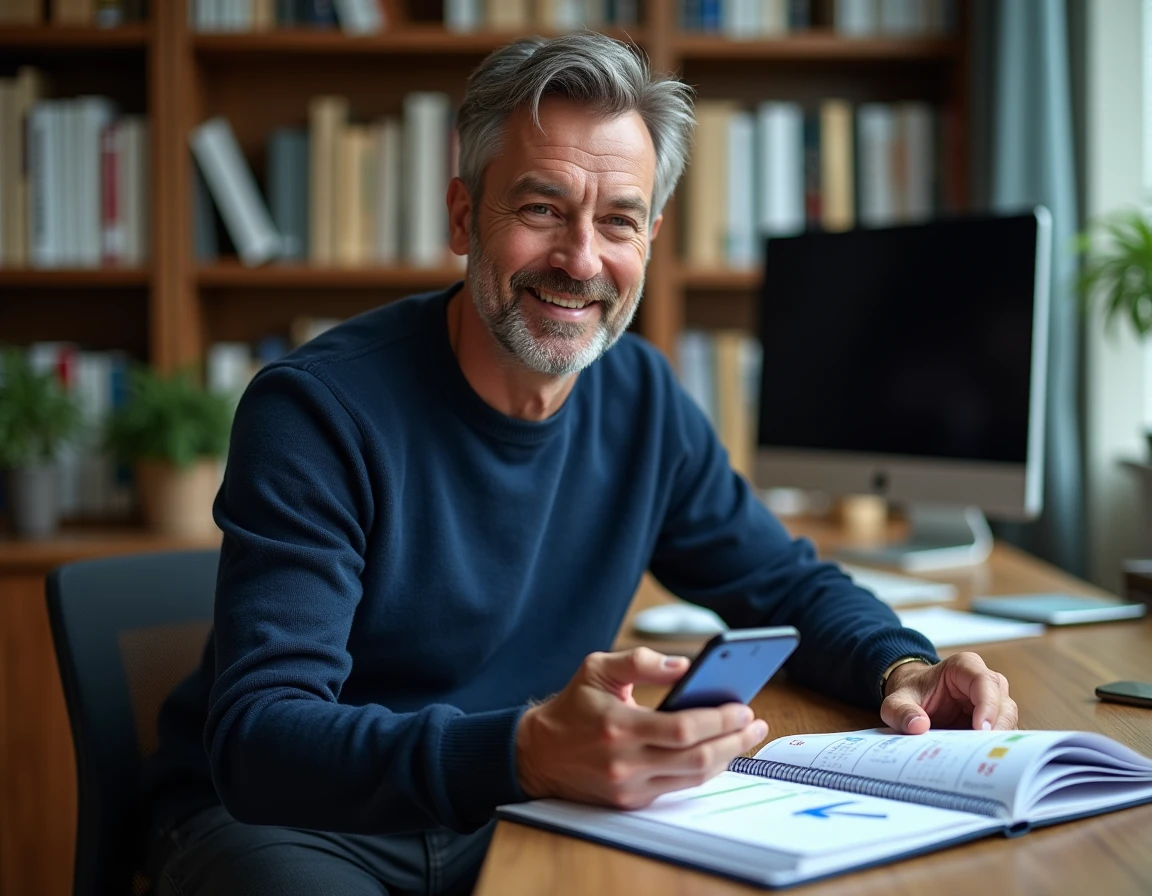 Homme en télétravail consultant un calendrier Outlook 2026 semaines paires impaires sur smartphone avec agenda papier ouvert