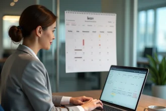 Femme en bureau consultant un calendrier semaines paires impaires 2026 imprimé tout en synchronisant son planning sur Google Calendar