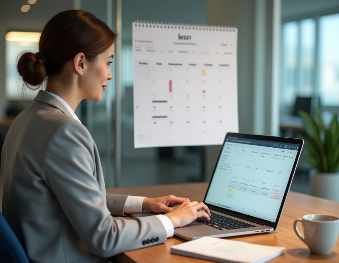 Femme en bureau consultant un calendrier semaines paires impaires 2026 imprimé tout en synchronisant son planning sur Google Calendar