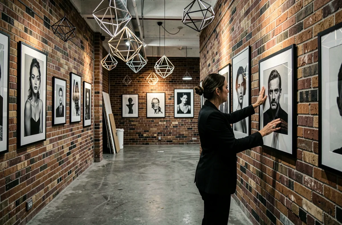 Intérieur artistique du studio Caractère avec murs en briques et portraits exposés
