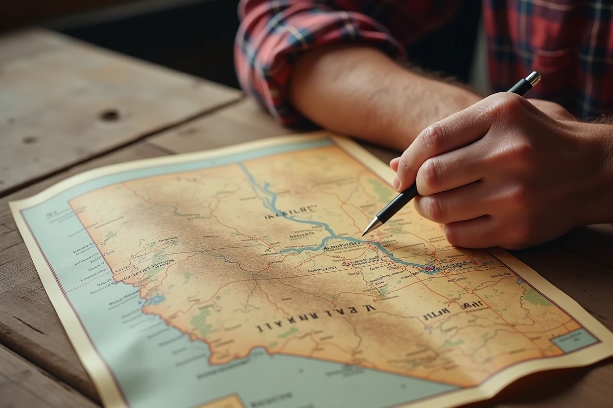 Carte routière du Nevada étalée sur une table en bois avec des villes encerclées au crayon, main d'un voyageur pointant une localité