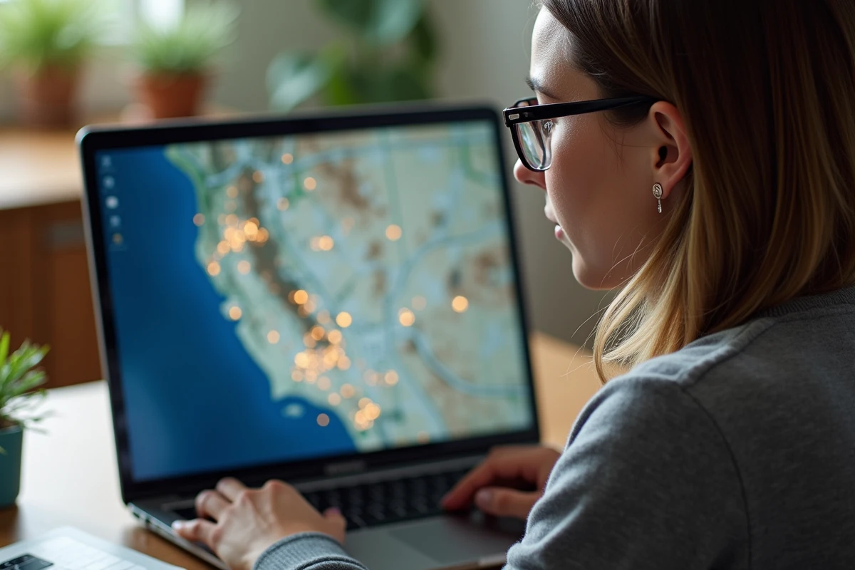 Femme consultant une carte satellite numérique de Nevada sur laptop, montrant le quadrillage urbain d'une petite ville entourée de désert