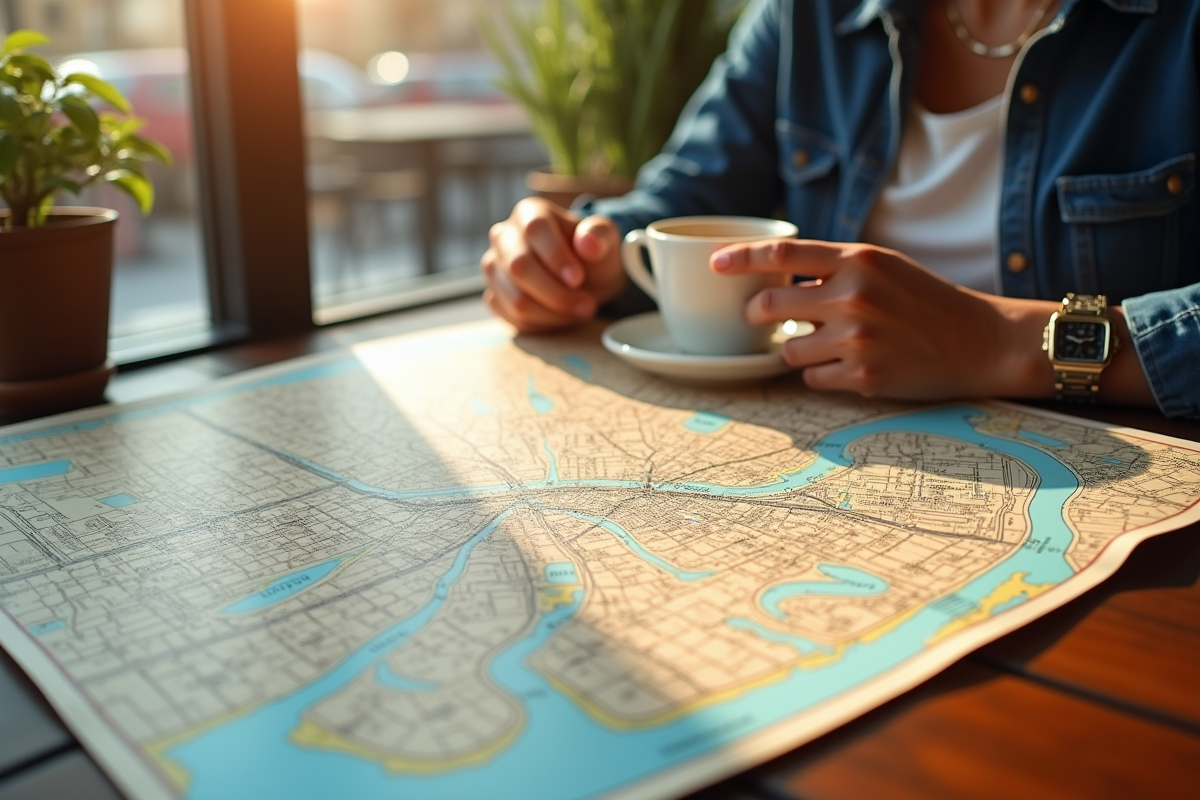Carte de Toulouse sur une table de café avec mains et tasse