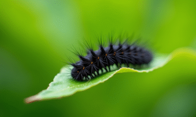 Chenille noire sur feuille verte en extérieur