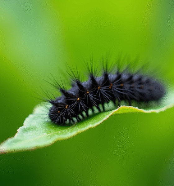 Chenille noire sur feuille verte en extérieur