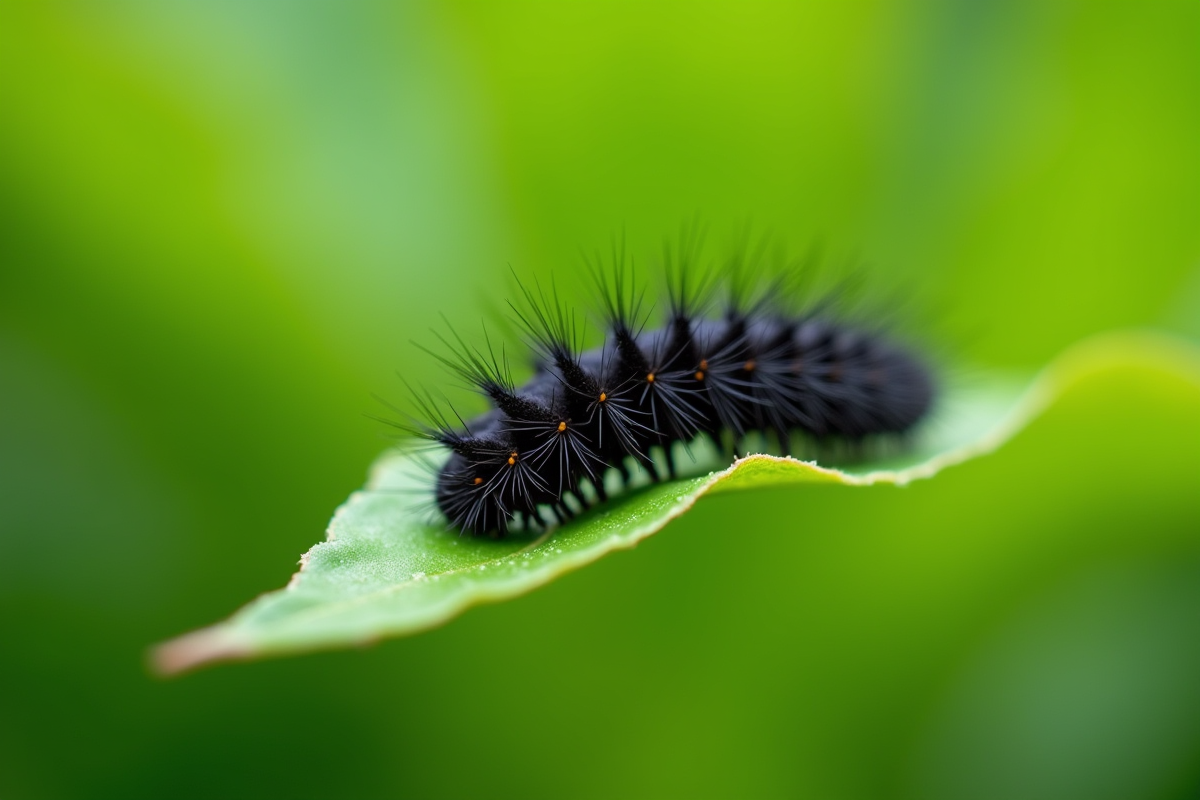 Chenille noire sur feuille verte en extérieur
