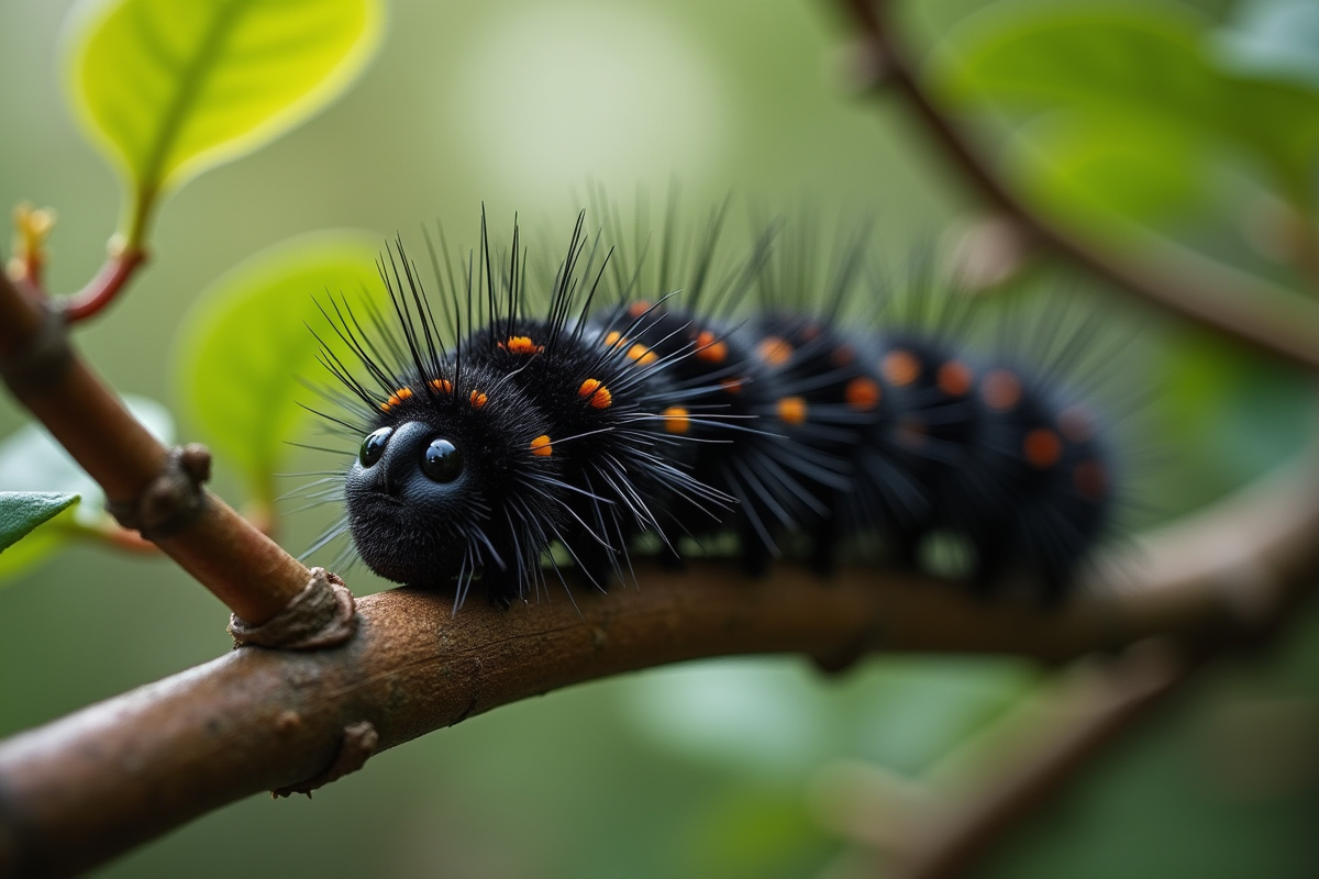 Chenille noire reposant sur branche d