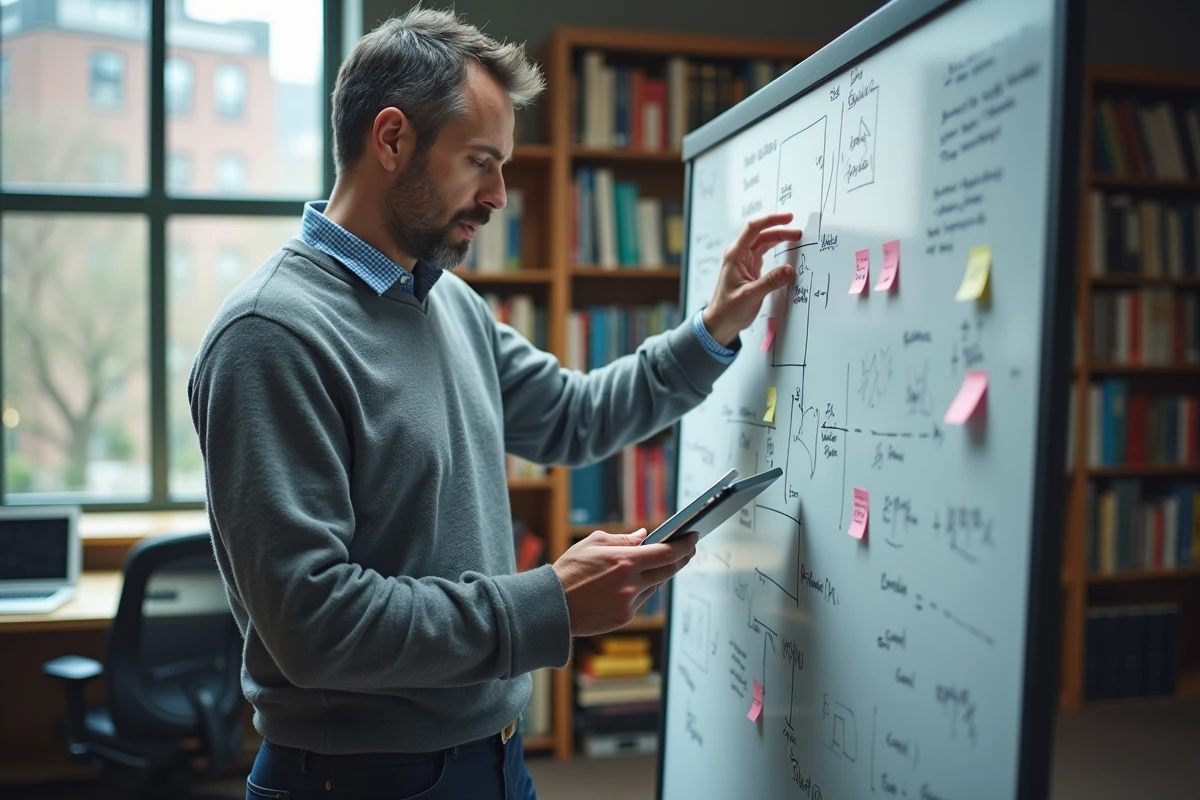 Chercheur universitaire planifiant son projet scientifique devant un tableau blanc dans un bureau académique