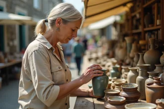 Chineuse examinant un vase ancien sur un stand de brocante en plein air dans le Morbihan