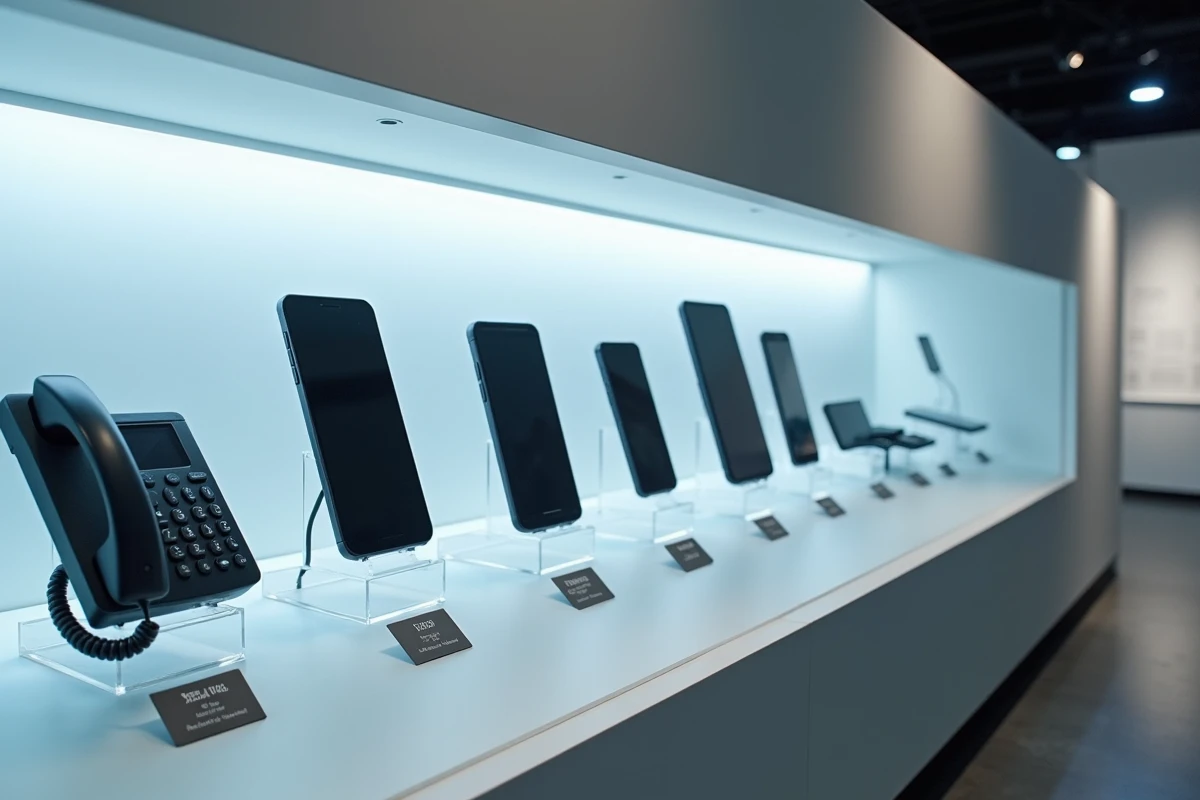 Vitrine de musée présentant une chronologie des téléphones mobiles des années 1980 au smartphone 2026