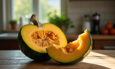 Citrouille verte fraîche coupée sur une table en bois