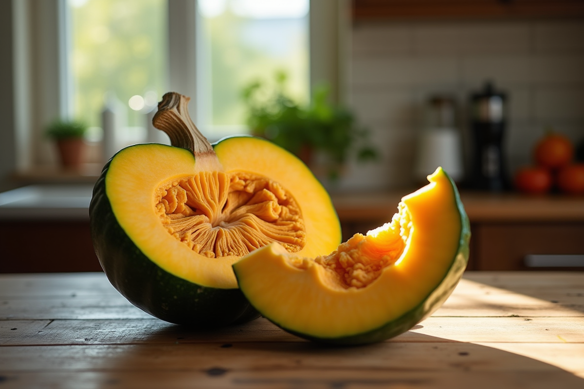 Citrouille verte fraîche coupée sur une table en bois