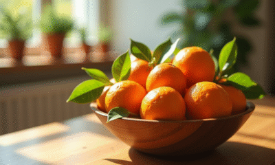 Clementines fraîches dans un bol en bois sur une table ensoleillée