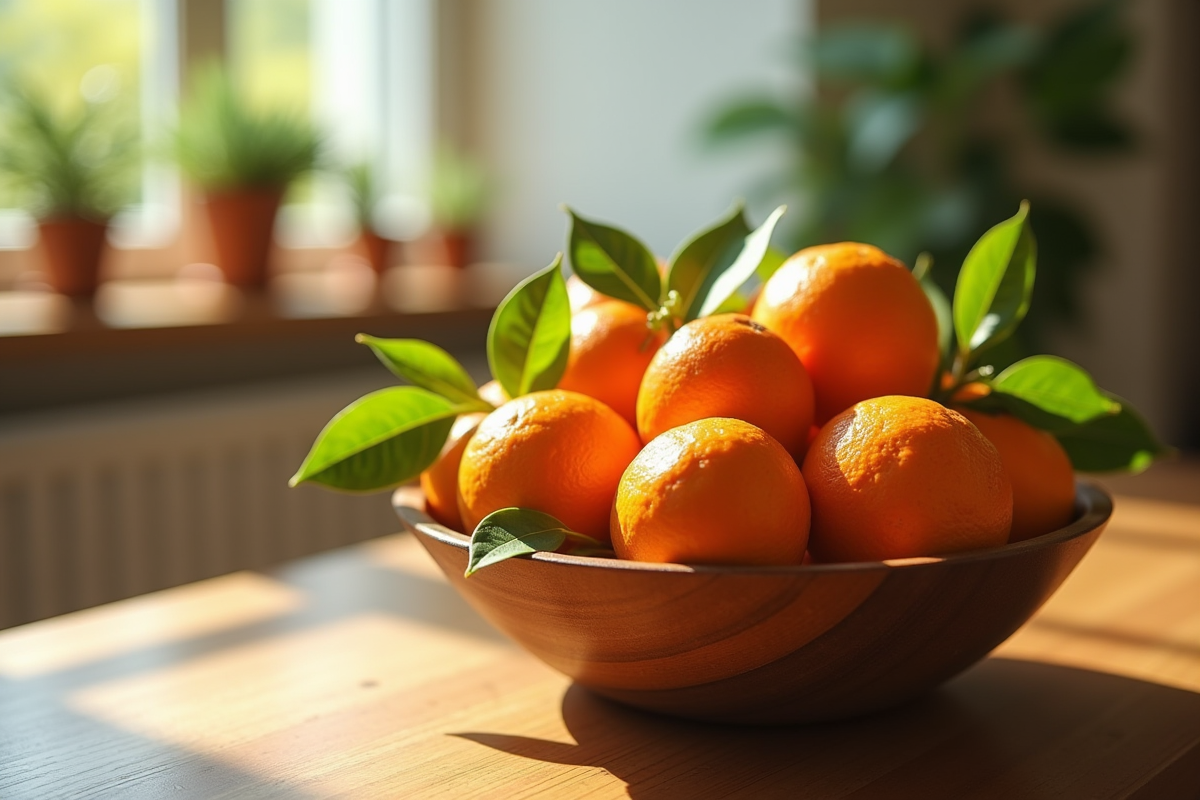 Clementines fraîches dans un bol en bois sur une table ensoleillée