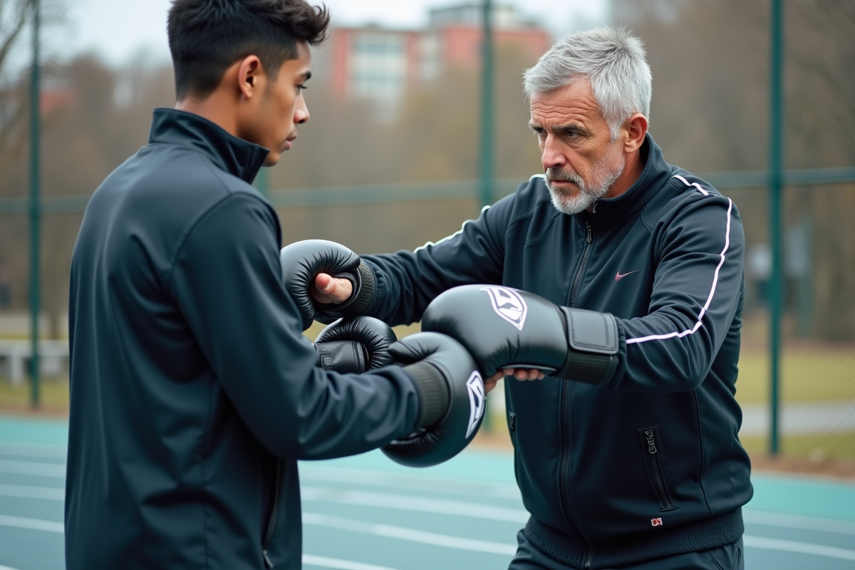 Entraineur montrant des gants de boxe à un jeune débutant en extérieur