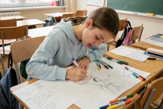 Collégienne dessinant son affiche de campagne pour l'élection de délégué de classe sur un bureau en bois
