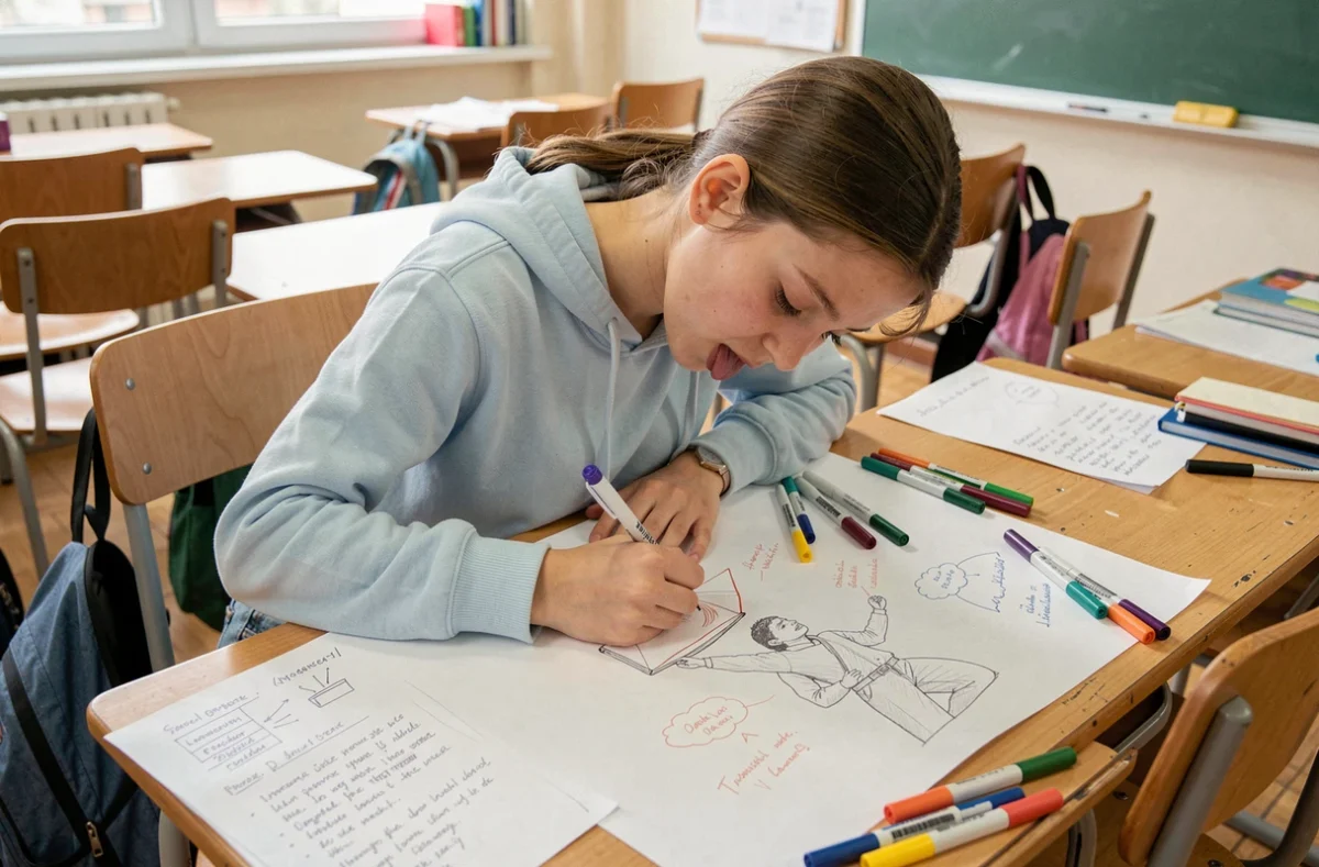 Collégienne dessinant son affiche de campagne pour l'élection de délégué de classe sur un bureau en bois